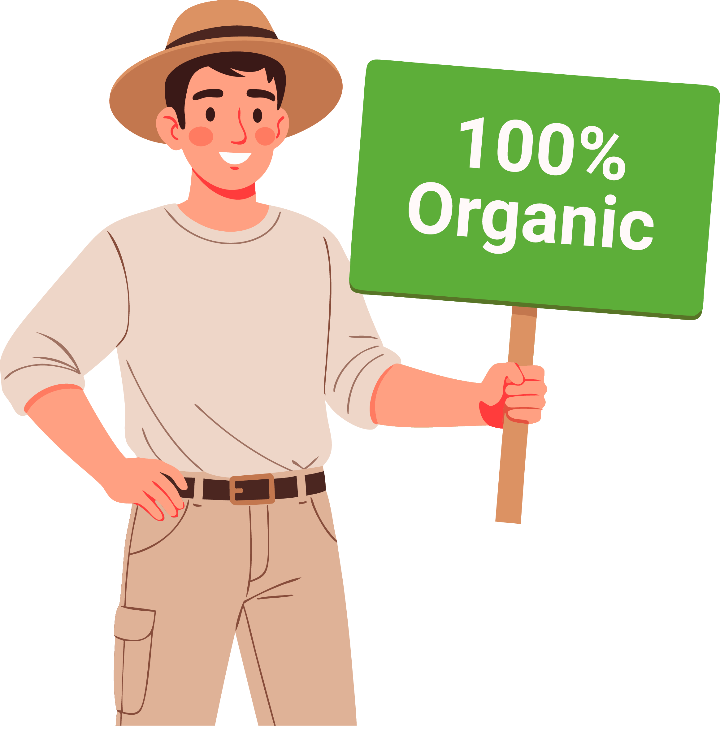 Illustration of person holding a board with written on it 100% organic
