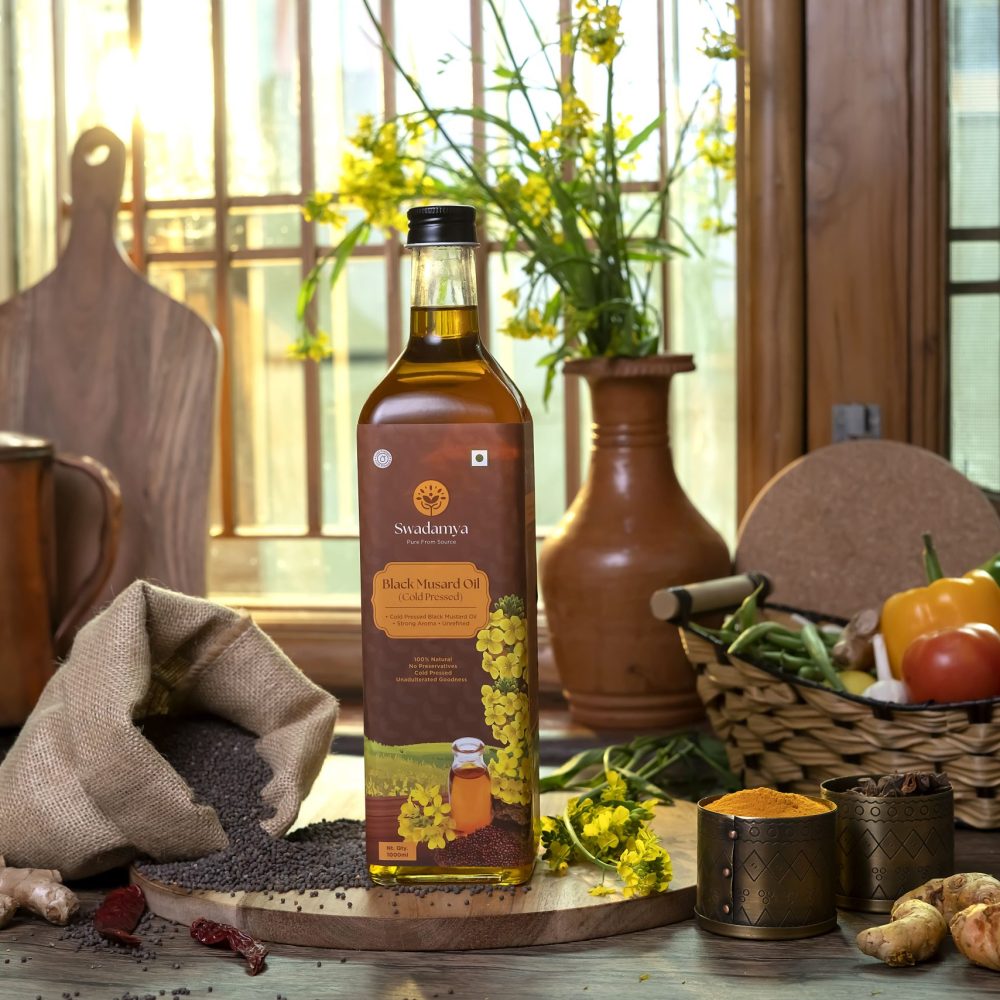 Swadamya Mustard Oil with vegetable in kitchen