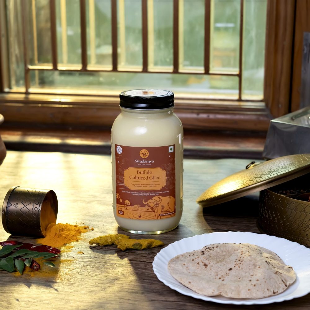 Swadamya Buffalo Ghee with Chapati in kitchena